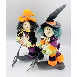 Pair Of Witches Riding Scooters 12” Standing Plush Metal Decor Collector Plush